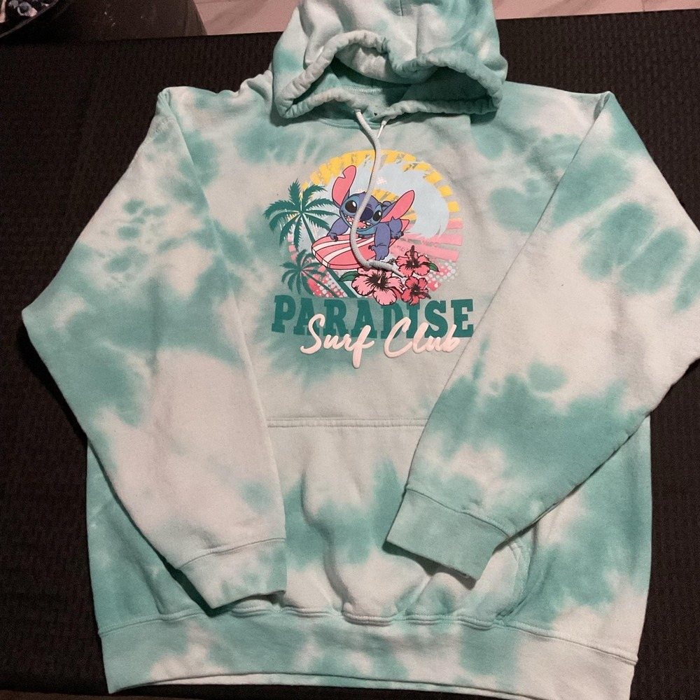 Disney Stitch Hoodie Womens Medium Green Tie Dye Paradise Surf Club Graphic